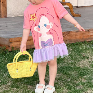 ชุดเด็กผู้หญิง ฤดูร้อนเด็กกลางและเด็กเจ้าหญิงพิมพ์ตาข่ายชายเสื้อแขนสั้นหลวมกระโปรงเสื้อยืด