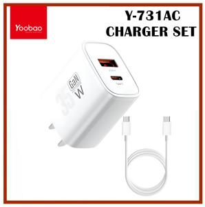 Yoobao Y-731AC Compact Universal 35W Fast Charging 2Port Adapter+ Type-C to Type-C Cable Charger SET