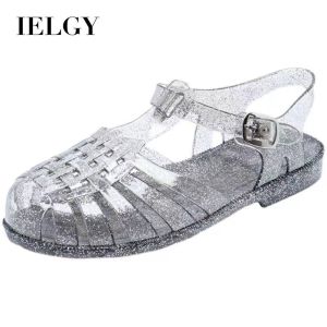 IELGY คริสตัลสีลูกอมแฟชั่นฤดูร้อนใหม่สำหรับรองเท้าผู้หญิงที่มีสายรัดแบบโรมัน