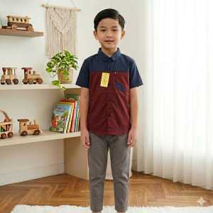 Setelan Kemeja Plus Celana Chinos Premium Usia 0 sampai 12 Tahun Warna Kombinasi Maroon mix Navy