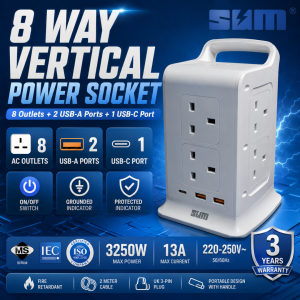 SIRIM SUM 8Way 3 Pin Vertical Power Socket with Surge Protector Dual USB & Type-C Ports IEC ISO Certificated