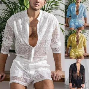 2026 Mens Summer Two Piece Suits Sets See Through Lace Outfits Beach Plain Pattern Print Long Sleeved Tops And Shorts Set Male2026