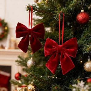 IDEAL Velvet Christmas Bow Flocking Red Christmas Decoration Baubles Versatile Christmas Hanging Ornament Christmas Tree