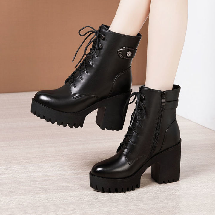 High Heel Martin Boots for Women Thick Sole Short Boots Chunky Heel Black Leather Shoes Lace up Elevator Shoes Soft Sole Kasut Boots Perempuan Lazada