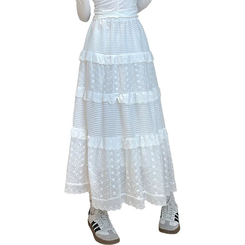 S-4XL Women Long Maxi Skirt Cotton Lace Flare A Line Elastic High