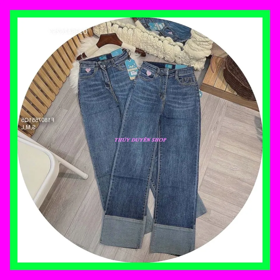 Quần jeans nữ ống suông LÊN LAI hình TIM xanh cạp cao vừa siêu tôn