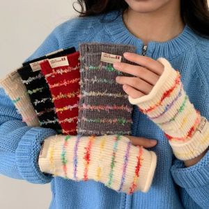 LIGHTER สไตล์เกาหลีแบบ ถุงมือถักลายทาง หนาขึ้น Y2k ถุงมือฤดูหนาวผู้หญิง คาวาอิ สายรุ้งสีรุ้ง ถุงมือไร้นิ้ว สำหรับนักเรียน