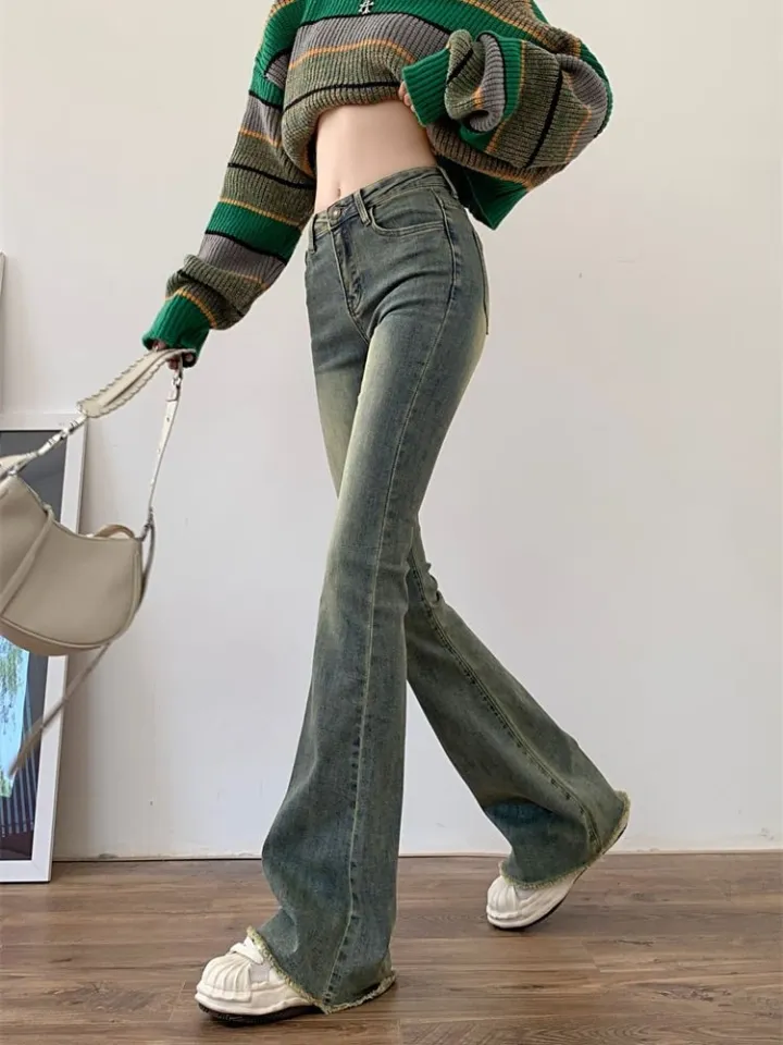 Fashion (Blackish Green)Mom's Plus Size Flare Jeans Woman Street Fashion  Stretch Vintage Pants Low Rise Bell Bottom Jeans Slim Denim Trousers ACU