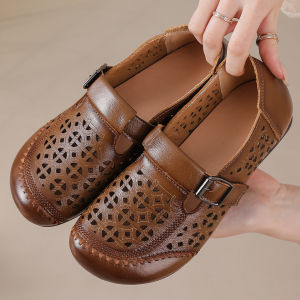 CHMOZYF Women Genuine Leather Mary Jane Shoes Hollow Women Retro Loafers Vintage Ladies Casual Daily Walking Flat Shoes