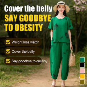 Cotton And Linen Two-Piece Suit Fashionable Loose Short Sleeve Nine-point Wide-leg Pants Set for Women