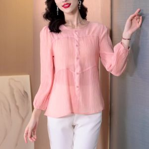 Ammin 2024 mùa xuân và mùa thu hồng ngọt ngào tay áo phồng Vòng cổ đơn giản vải lanh và cotton áo phong cách Hàn Quốc Tay áo dài Một hàng khuy áo blouse thanh lịch