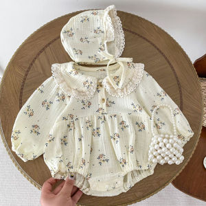 2026 New Spring Infant Baby Bodysuits+Hat Long Sleeved Cotton Floral Printing Newborn Baby Girl Jumpsuit Baby Girl Clothing2026