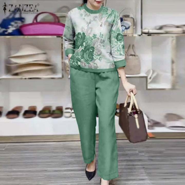 MOMONACO ZANZEA Womens Sets Vintage Floral Printed 3/4 Sleeve Tops