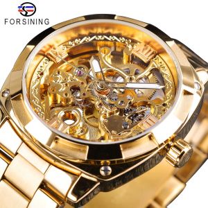 Forsining new fashion retro mens automatic mechanical watch top brand luxury complete gold design luminous pointer skeleton clock. Mens gifts