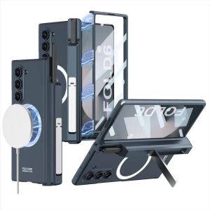 For Samsung Galaxy Z Fold 4 5 6 5G Case Magsafe Wireless Charging Case For Samsung Galaxy Z Fold 6 ZFold6 Fold5 Fold4 Magsafe Case Matte Wireless Folding Hinge Pen Holder Bracket Tempered Film Shockproof Cover For Samsung Galaxy Z Fold 6 5 4 3 Case