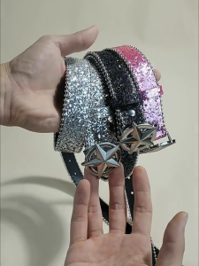 Punk PU Waist Belt for Jean Heavy Duty Hip Hop Belt Waistband Glinting Buckle with Encrusted Glitter