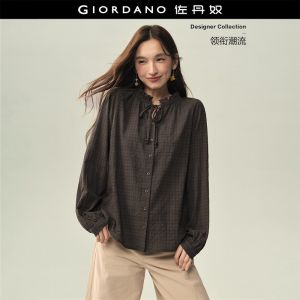 Giordano Women Ruffle tie neck raglan sleeve plaid blouse Free Shipping 18346731
