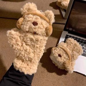 CHENGXU Flip-top Cartoon Bear Gloves Windproof Acrylic Fibers Winter Plush Gloves Fashion Thickened Anti-cold Mittens Students
