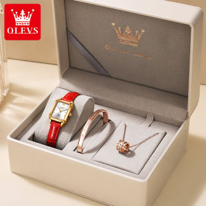 【Buy 1 Take 2】OLEVS Wacth for Women set Leather Simple Temperament Square Quartz Movement Watch Take Bracelet Take  Necklace