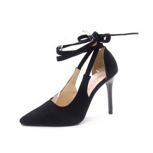 3.2-inch Korean trend pointed heels for women stiletto high heels black strap suede wedding heels