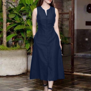 ZANZEA Womens Vintage Sleeveless V-Neck Plain Midi Dresses Casual Loose Front Slit Sundress Red Dress # 8