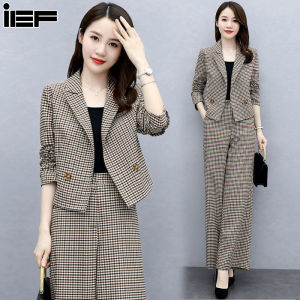 IEF Set Quần Phong Cách Hàn Quốc Mới Quần Ống Rộng Kẻ Ca Rô Phong Cách Phương Tây Cá Tính Thời Trang Bộ Đồ Hai Mảnh Cho Nữ