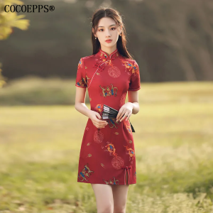 Cocoepps cdresses cho phụ nữ sườn xám 2024 旗连衣las改良 2024 Đỏ hoài cổ mới phong cách Trung Quốc sườn xám cách tân ngắn nhỏ