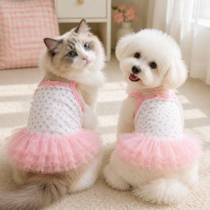 OWINGSHOP89OP5 Pink Bow Summer Dog Cat Ballet Tutu Floral Print Tulle Dog Slip Dress Cute Breathable Pet Princess Dress For S To XL Size