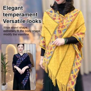 Womens Ethnic Style Fringe Pullover Knit Shawl Warm Shawl Outer Tops Cloak Shawl