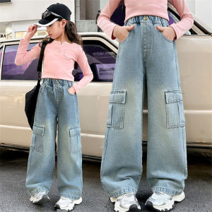 Girls Cargo Demin Pants Kids Casual Wide-legged Jeans Teenagers Fashion Streetwear Baggy Trousers Children Clothes 5-14 Years