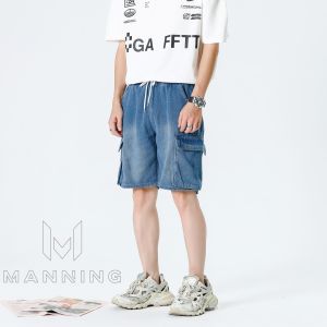 MANNING MJ13 Celana Pendek Denim Pria Biru Jeans Vintage Amerika Vintage Besar Kantong Longgar Serut Lima Celana Musim Panas Longgar Vintage Tipis
