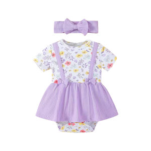 PAYI BABY- 2PCS Baby Girls Dress +Headband Short Sleeve Onesies Patchwork Jumpsuit Floral Bodysuits