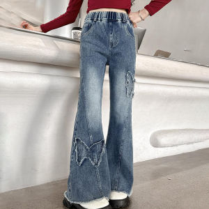 Korean Flared Jeans For Kid Girls Maong Baggy Pants Loose Denim Trousers Butterfly Embroidery Wide Leg Trousers 7-16Yrs