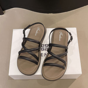 พร้อมส่งจากไทย【2993】รองเท้าแตะพื้นยางสไตล์เกาหลีแต่สายคาดไขว้แบบตะข้อรัดส้นพื้นหนาน่ารัก