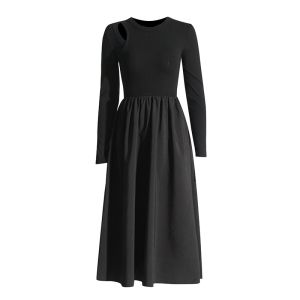 เดรสแขนยาว เว้าไหล่ข้างเดียว คอกลมสีดำ ผ้าคอตตอน ดีเทลเสื้อต่อกระโปรงทรงเอ ผ้าไนลอน จับจีบ พรางหุ่น ใส่สบาย Dress ชุดไปงานศพ #6605