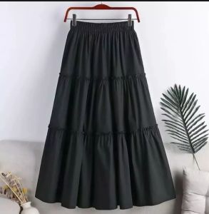 Rok Midi A-Line Hitam dan putih untuk wanita pinggang karet elastis