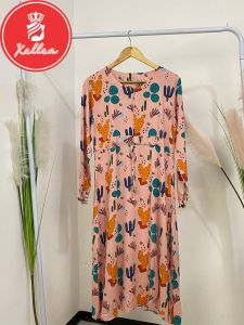 Tunik Wanita Motif Kaktus Model Simple Tunik Gamis Lengan Panjang Rampel Motif Terbaru Bahan Rayon Busui Friendly Serut Tengah Kancing Aktif Kerah Bulat Size LD 100cm PJ 114cm - XELLEA
