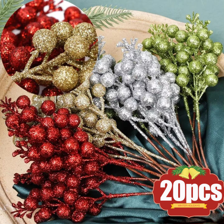 【88HomeStore】20/5 Pcs Glitter Christmas Artificial Berries Gold Powder