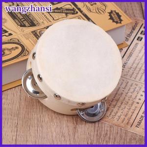 wangzhansi แทมบูรีนมือถือ4นิ้วพร้อมโลหะแถวเดียวหนังแกะกลองผิวไม้กลองบันเทิงกลองของเล่นดนตรี