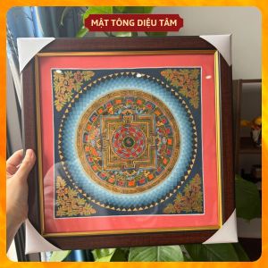 Tranh Kalachakra Mandala Kim Cang Thời Luân (Kim Cương Thời Luân) chú OM treo tường tặng khung bền đẹp Mật tông Diệu Tâm