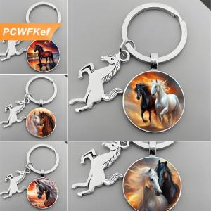 【PCWFKef】 Động vật chạy ngựa Keychain tinh tế steed mô hình thủy tinh Cabochon Keychain của nam giới quyến rũ Keyring Quà Tặng