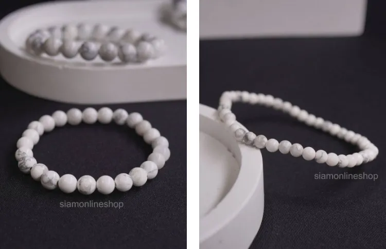 HOWLITE หินฮาวไลท์ เลือกขนาดเม็ดหินได้ (4-14 มม.) หินแห่งความใจเย็น สร้อยข้อมือหินแท้