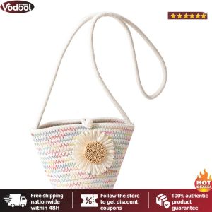 [VTO] Women Girls Woven Straw Flower Decor Crossbody Bag for Work and Daily Use