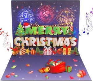 LIGHTS & MUSIC 3D Pop Up Firework Christmas Card Handmade Christmas Card Gifts with Santa Snowman Xmas Cards Playing-We Wish You a Merry Christmas (Multicolor)