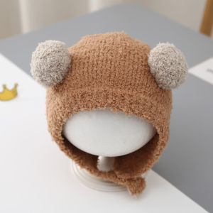JING Windproof Beanie Cap with Ball Warm Baby Knit Hat Wool Hemming Caps