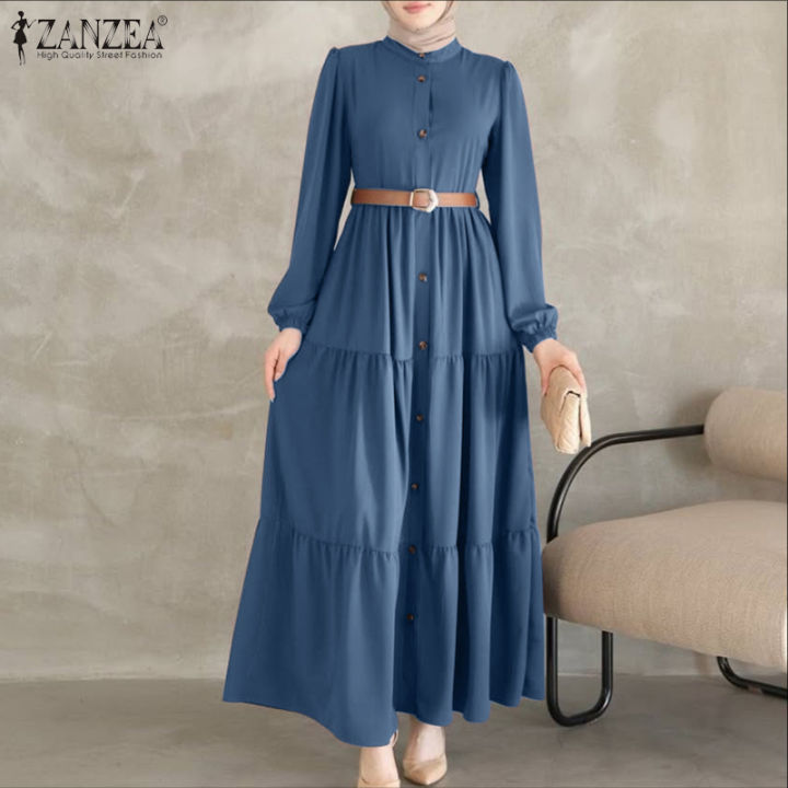 ZANZEA Muslimah Women Muslim Streetwear Fashion Stand Collar Dresses Long  Sleeve Patchwork Plain Long Dress #1117 | Lazada PH