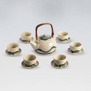 Bộ bình trà ấm chén men rạn hoạ tiết hoa sen chàm vẽ tay thủ công gốm sứ Bát Tràng