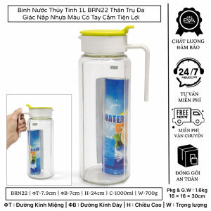 Bình Nước Thủy Tinh 1L BRN22 Thân Trụ Đa Giác Nắp Nhựa Có Tay Cầm Tiện Lợi