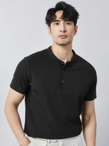 HUILISHI Mens Chinese collar short sleeved plain polo shirt casual loose fashion T-shirt top