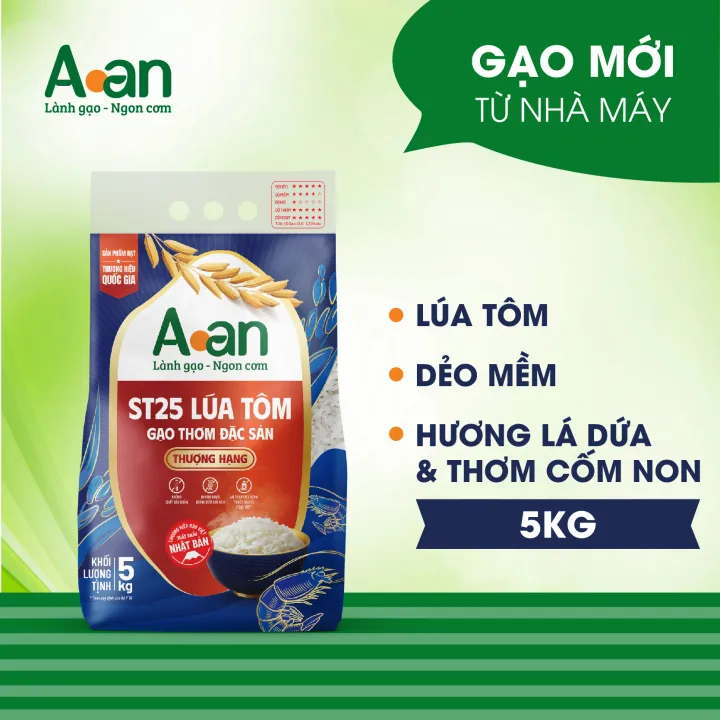 Gạo ST25 Lúa Tôm thượng hạng Aan Túi 5kg - bao bì mới - Chính hãng Gạo sạch Aan